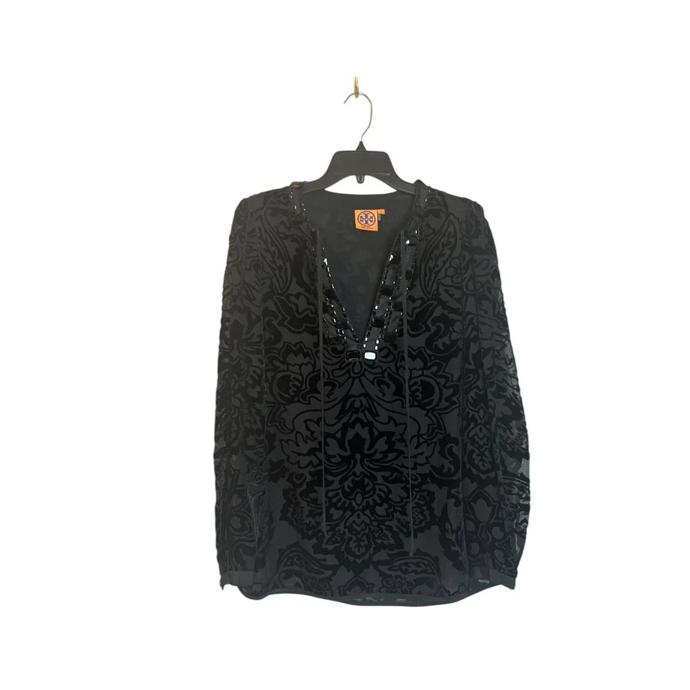 Tory Burch Auden Tunic Top Size 2 Black Tie-Neck Embellished Velvet Brocade